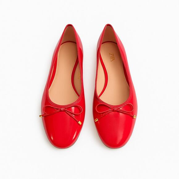 Zara Trafaluc Red Vegan Patent Leather Ballet Flats Sz 37 Classic Bow Slip-On - Picture 1 of 5